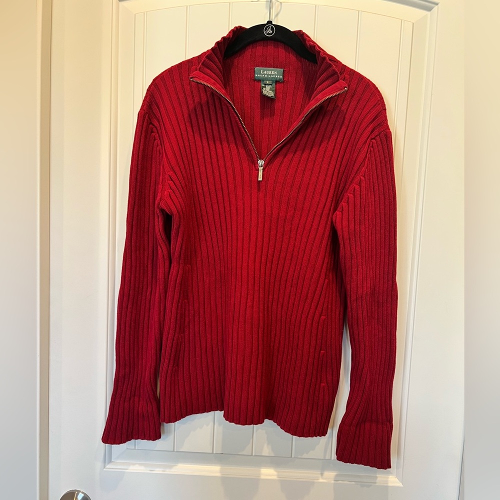 Lauren Ralph Lauren Ribbed Pullover SZ Large Cotton Quarter Zip Womens Crimson
